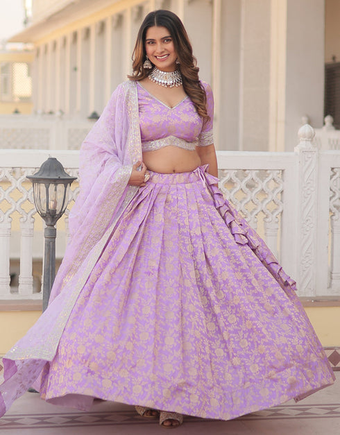 Designer Wedding Party Wear Heavy Lehenga Choli Collection Purple Pure Dyeable Viscose Jacquard Lehenga Choli Back View